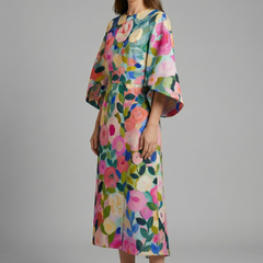 Women's Holiday Dress | Midi Length Round Neck Wide Sleeves Floral