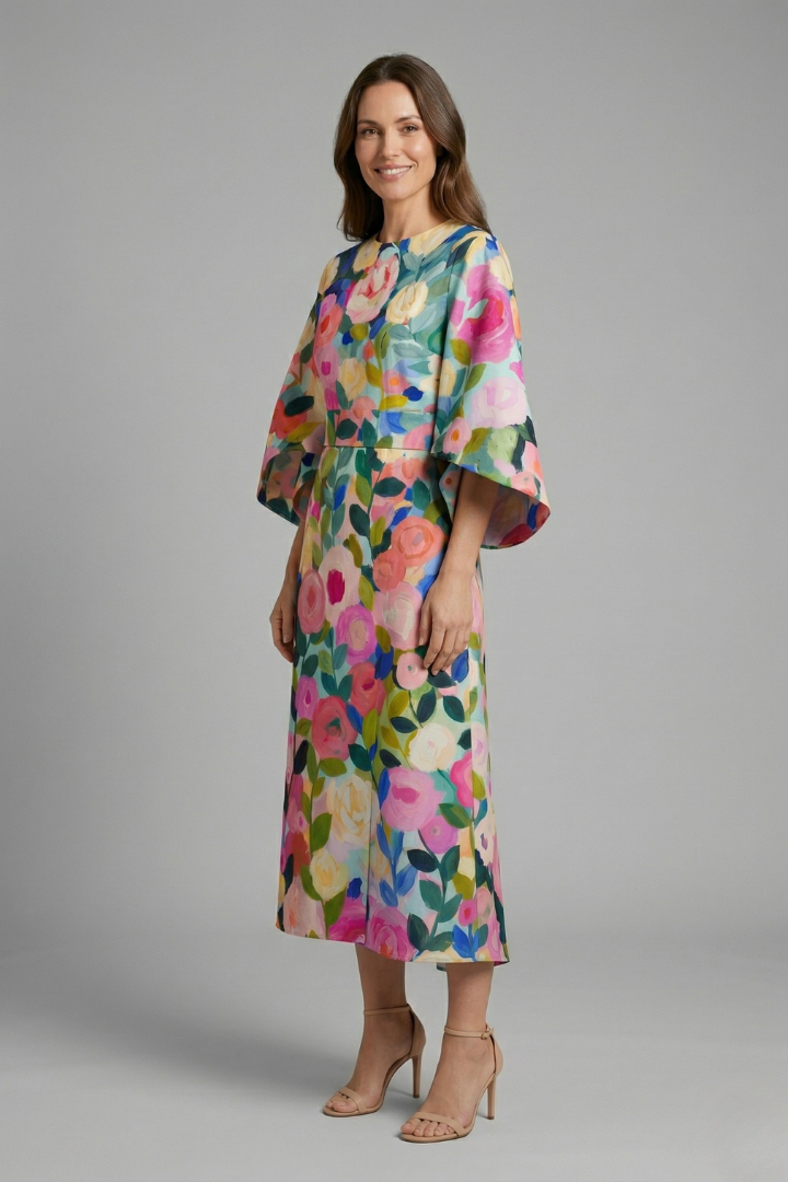 Women's Holiday Dress | Midi Length Round Neck Wide Sleeves Floral