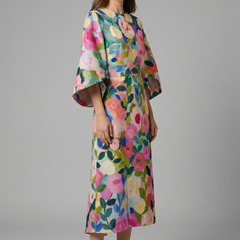 Women's Holiday Dress | Midi Length Round Neck Wide Sleeves Floral