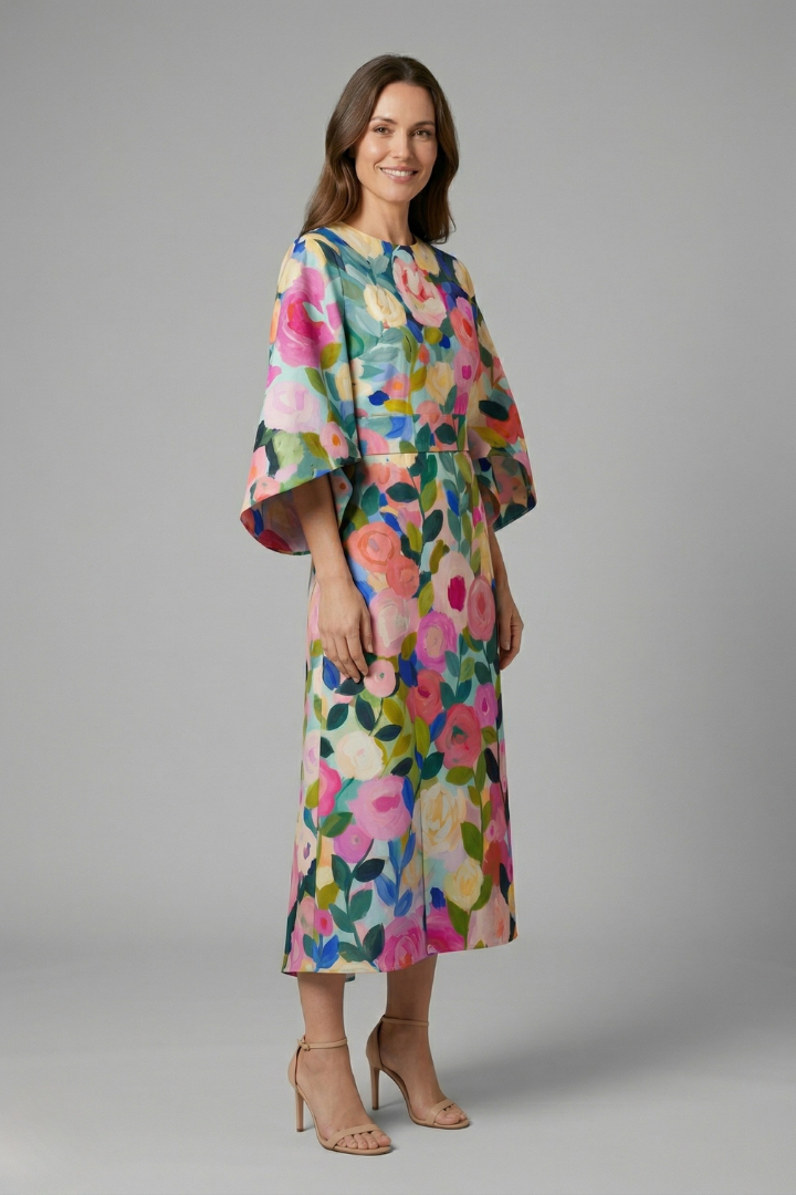 Women's Holiday Dress | Midi Length Round Neck Wide Sleeves Floral