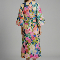 Women's Holiday Dress | Midi Length Round Neck Wide Sleeves Floral