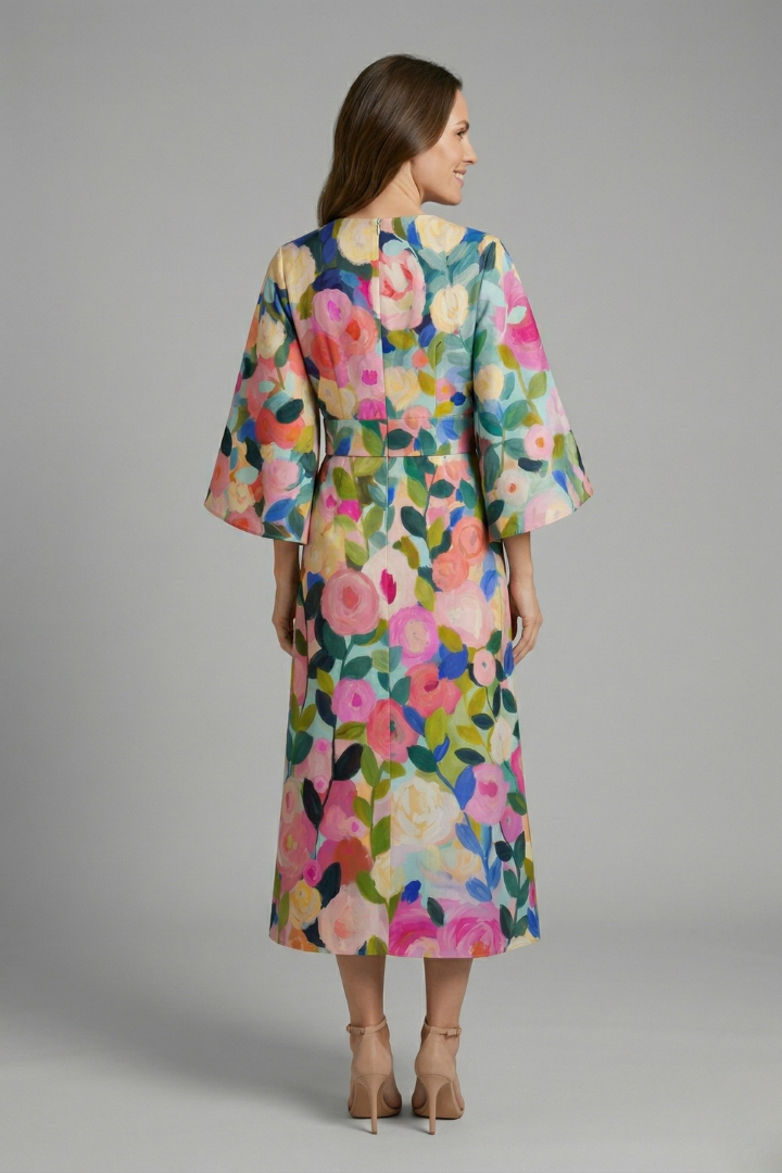 Women's Holiday Dress | Midi Length Round Neck Wide Sleeves Floral