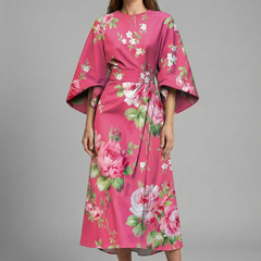 Women's Holiday Dress | Midi Length Round Neck Wide Sleeves Floral