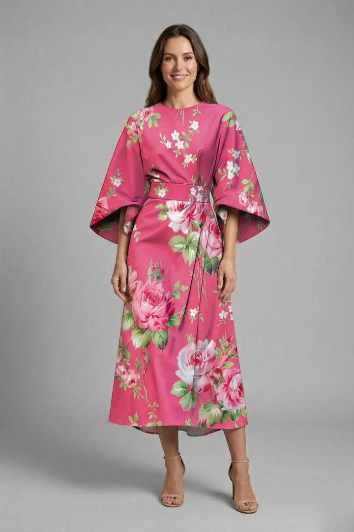 Women's Holiday Dress | Midi Length Round Neck Wide Sleeves Floral
