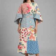 Women's Holiday Dress | Midi Length Round Neck Wide Sleeves Floral