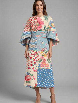 Women's Holiday Dress | Midi Length Round Neck Wide Sleeves Floral