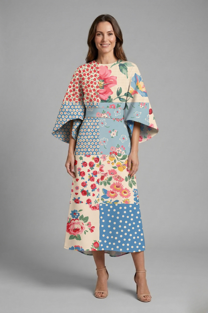 Women's Holiday Dress | Midi Length Round Neck Wide Sleeves Floral