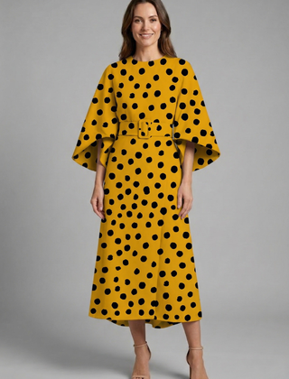Women's Holiday Dress | Midi Length Round Neck Wide Sleeves Floral