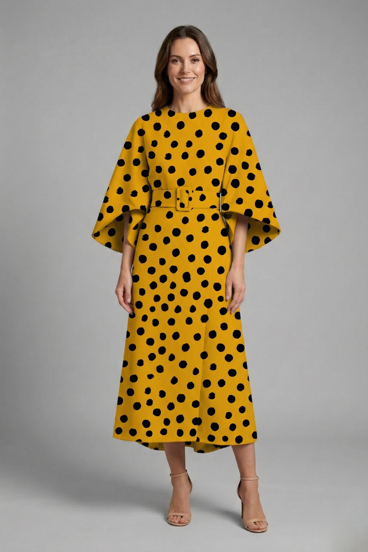 Women's Holiday Dress | Midi Length Round Neck Wide Sleeves Floral