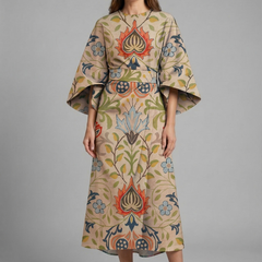 Women's Holiday Dress | Midi Length Round Neck Wide Sleeves Floral
