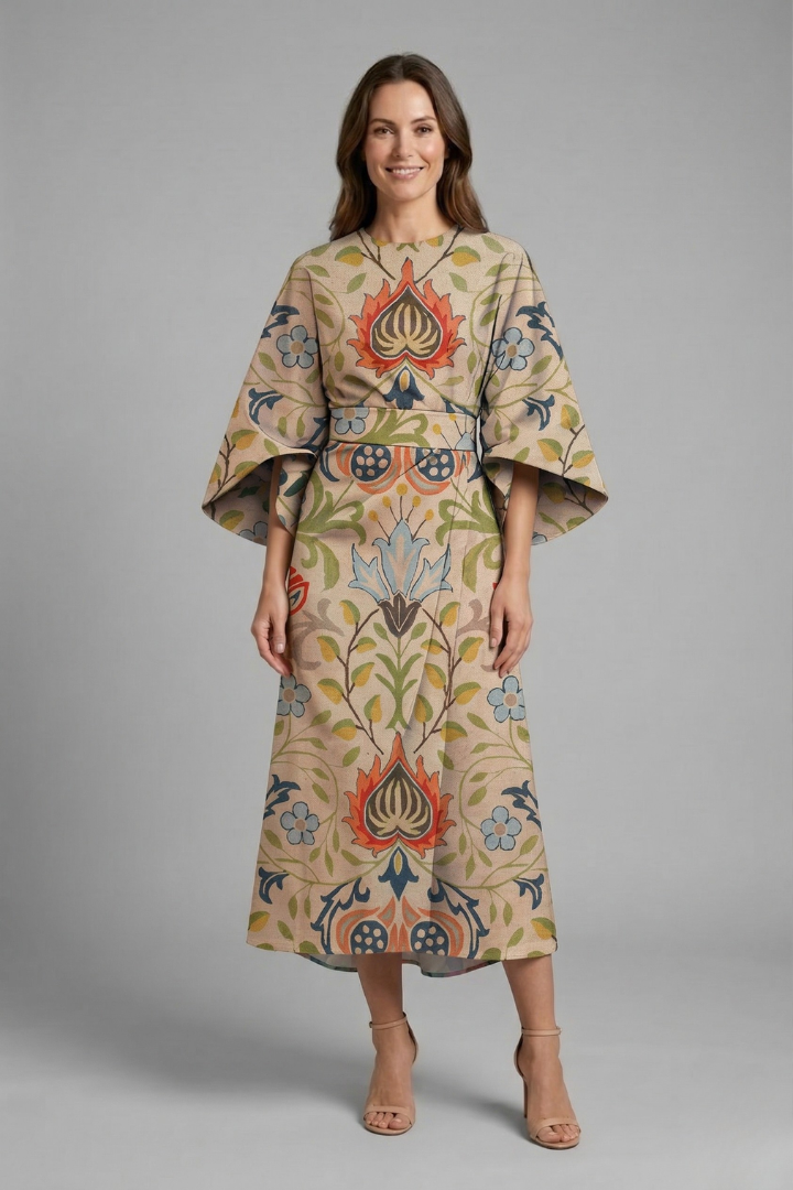 Women's Holiday Dress | Midi Length Round Neck Wide Sleeves Floral