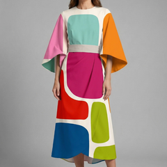 Women's Holiday Dress | Midi Length Round Neck Wide Sleeves Floral