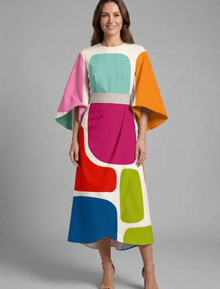 Women's Holiday Dress | Midi Length Round Neck Wide Sleeves Floral