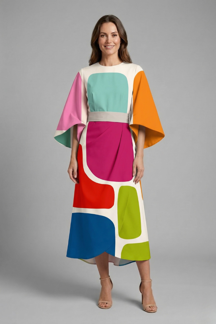 Women's Holiday Dress | Midi Length Round Neck Wide Sleeves Floral