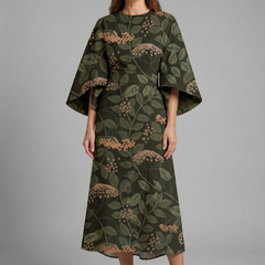 Women's Holiday Dress | Midi Length Round Neck Wide Sleeves Floral
