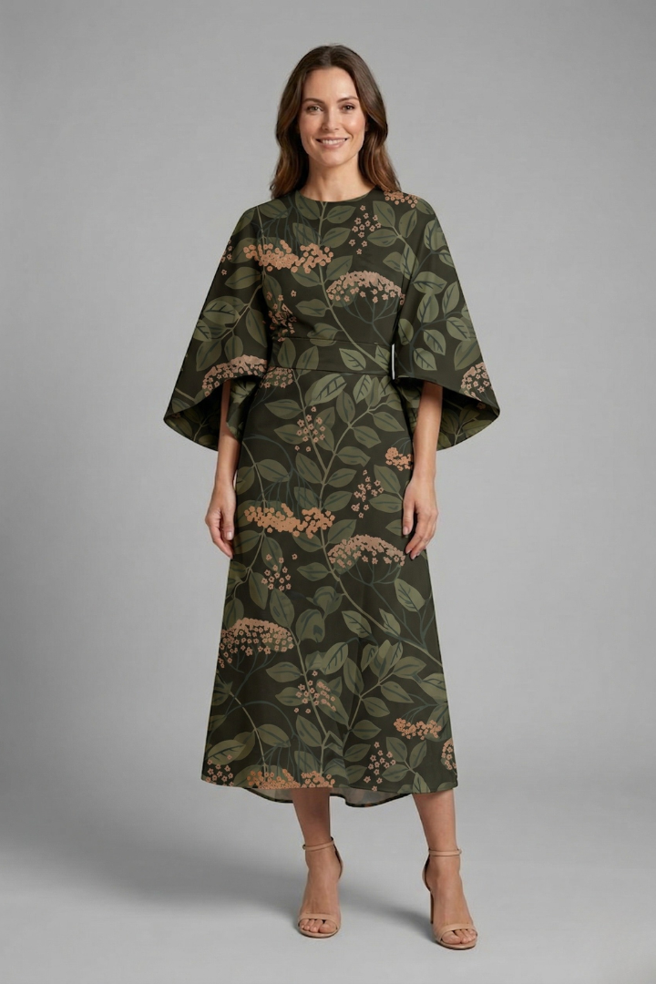 Women's Holiday Dress | Midi Length Round Neck Wide Sleeves Floral