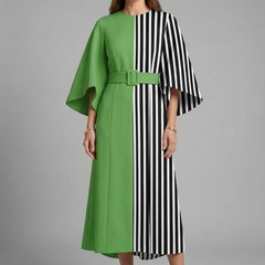 Women's Holiday Dress | Midi Length Round Neck Wide Sleeves Floral