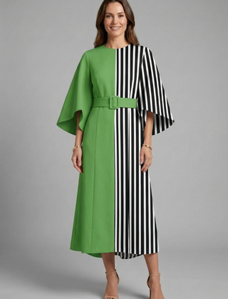 Women's Holiday Dress | Midi Length Round Neck Wide Sleeves Floral