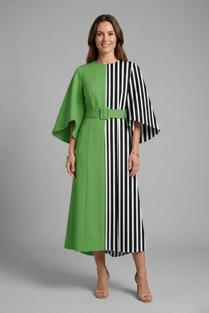 Women's Holiday Dress | Midi Length Round Neck Wide Sleeves Floral
