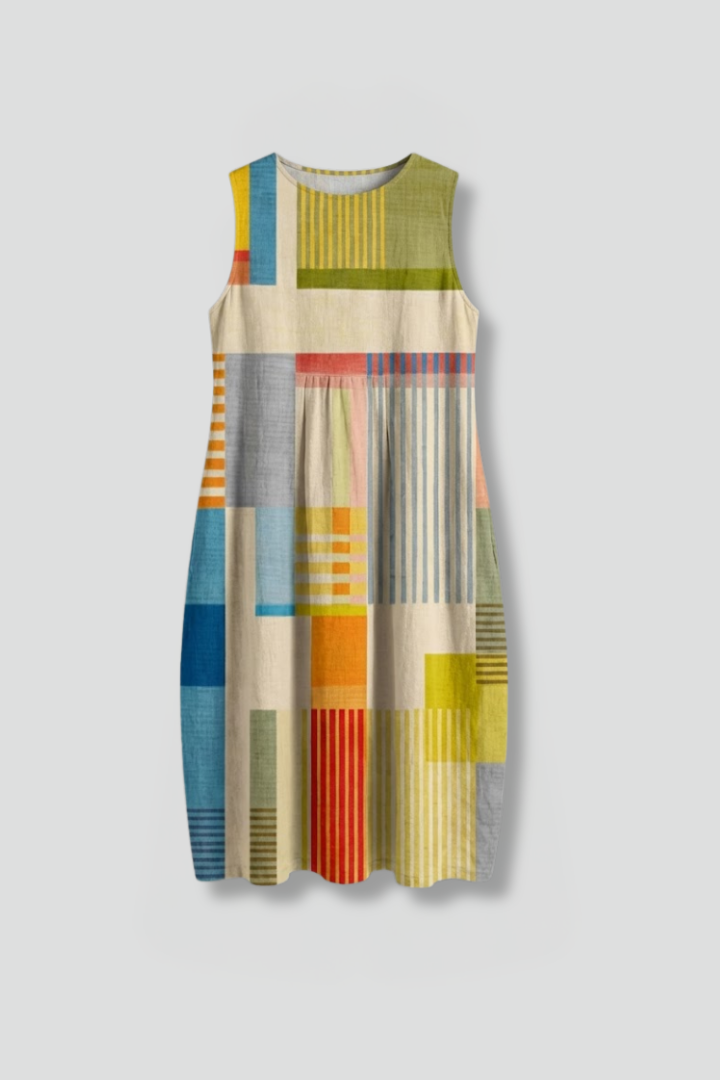Women's Linen Dress | Midi Length Round Neckline Sleeveless