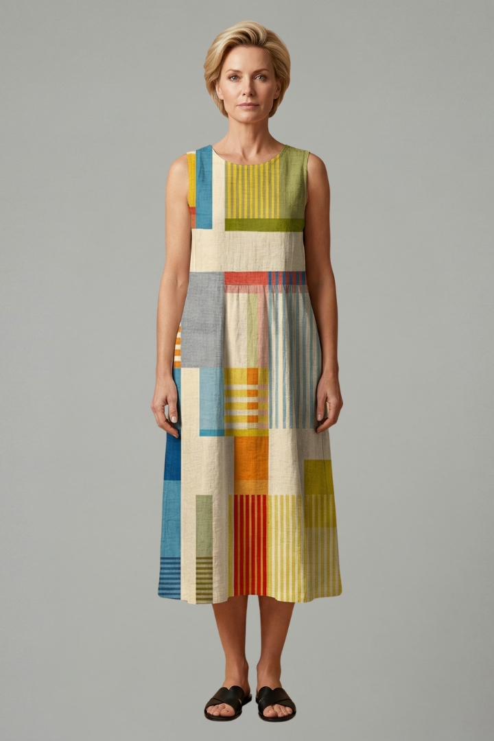 Women's Linen Dress | Midi Length Round Neckline Sleeveless