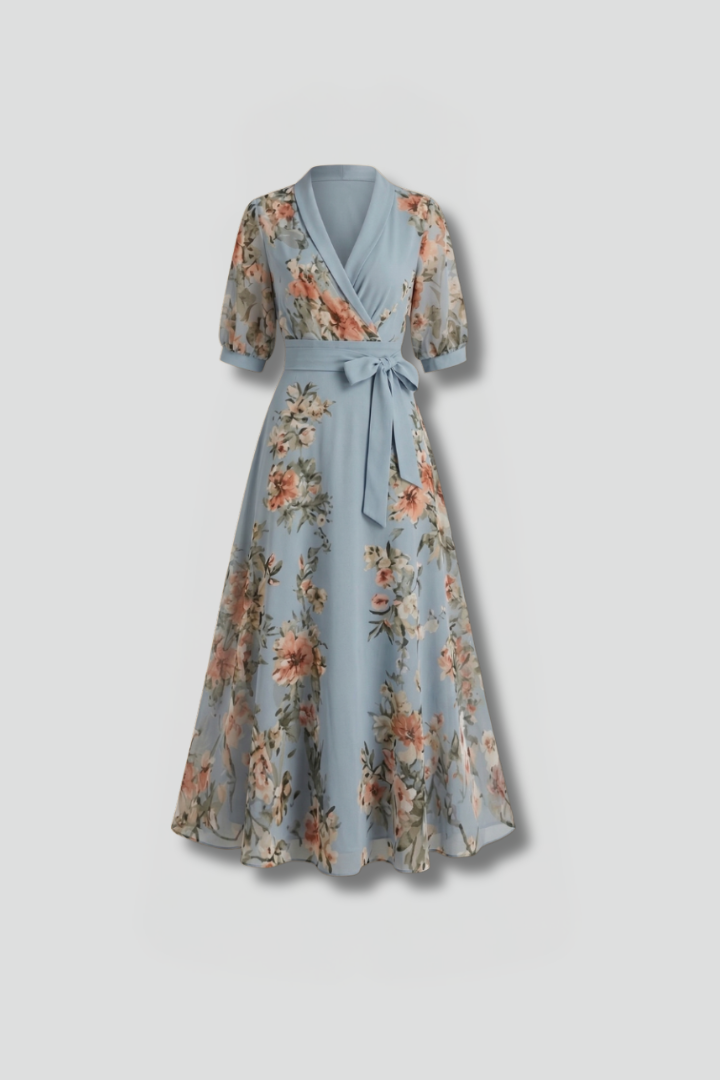 Women's Summer Dress | Midi Length V-Neck Floral Puffed Sleeve