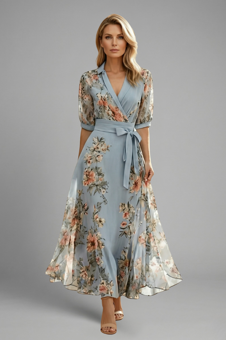 Women's Xmas Day Dress | Wrap Neckline Floral Midi Chiffon