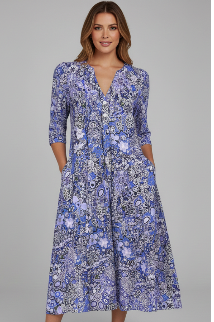 Women's Midi Dress | V-Neck Three-Quarter Sleeves Flared