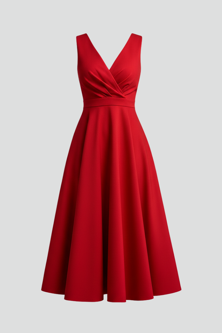 Women's Red Dress | V-Neck Sleeveless Midi A-Line Zip
