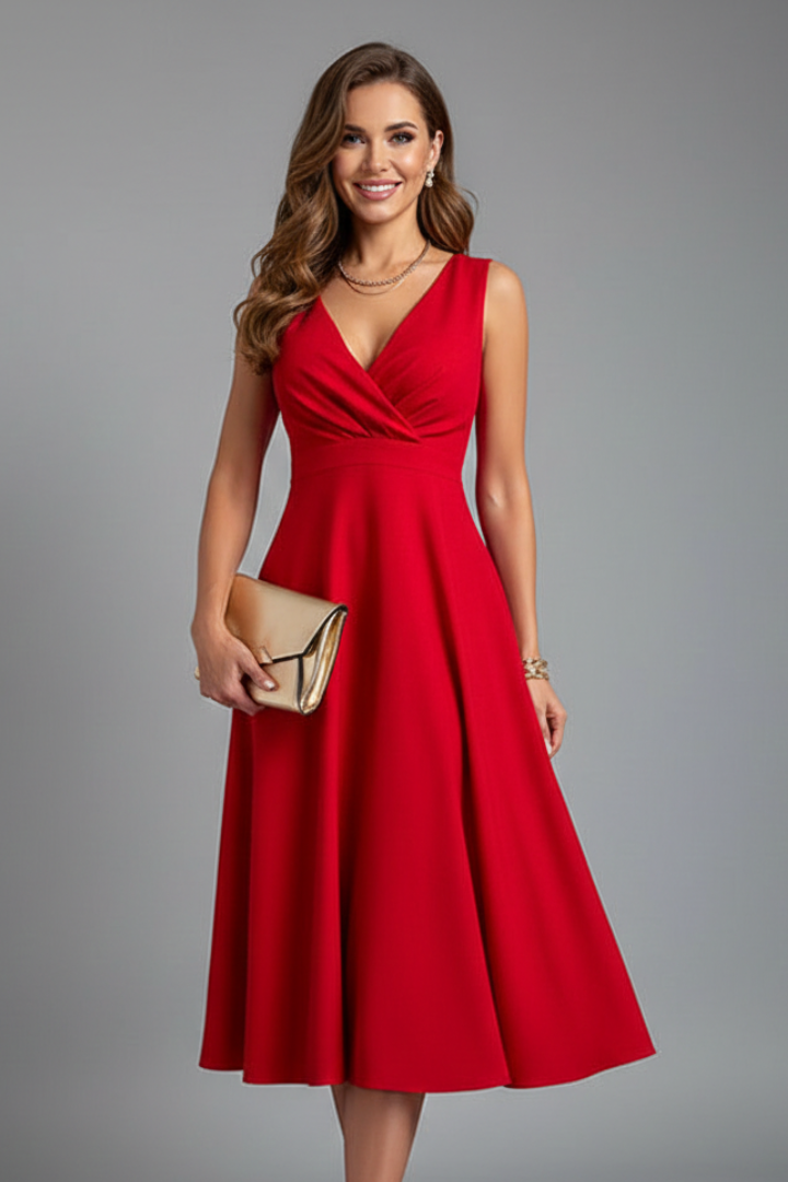 Women's Red Dress | V-Neck Sleeveless Midi A-Line Zip