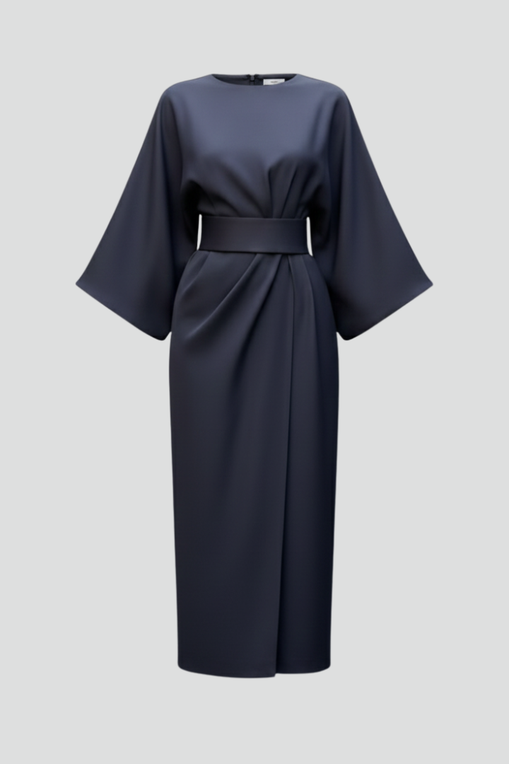 Women's Midi Dress | Belted Waist Wide Sleeves Round Neckline
