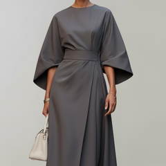 Women's Cocktail Dress | Midi Length Round Neckline Wide Sleeves Belted