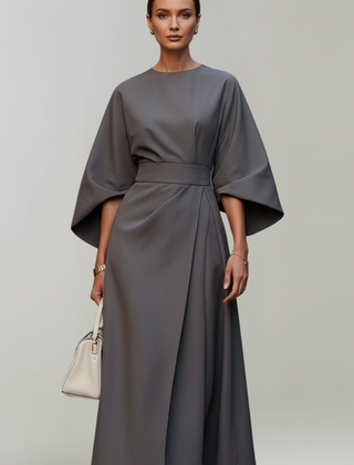 Women's Cocktail Dress | Midi Length Round Neckline Wide Sleeves Belted