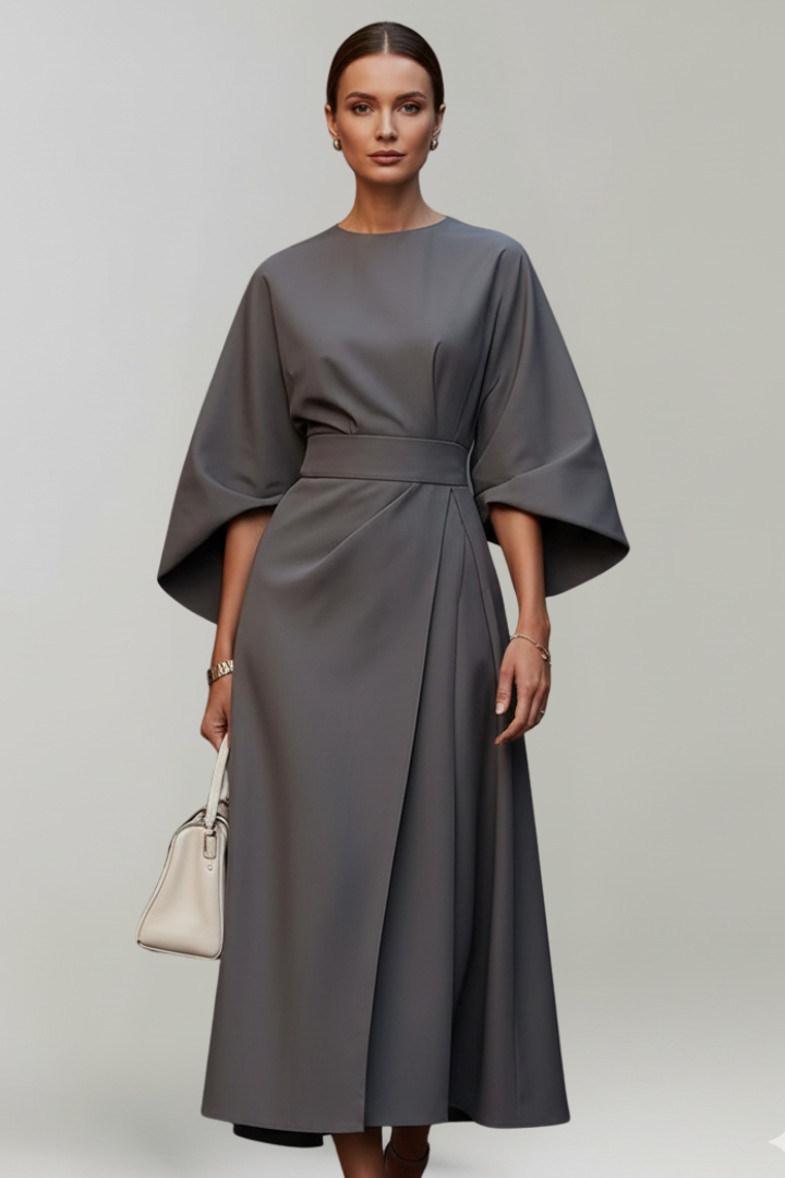 Women's Cocktail Dress | Midi Length Round Neckline Wide Sleeves Belted