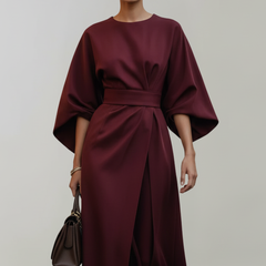 Women's Cocktail Dress | Midi Length Round Neckline Wide Sleeves Belted