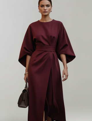 Women's Cocktail Dress | Midi Length Round Neckline Wide Sleeves Belted