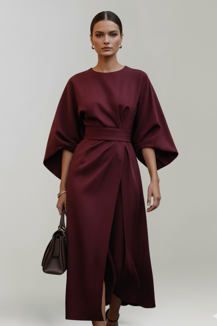 Women's Cocktail Dress | Midi Length Round Neckline Wide Sleeves Belted