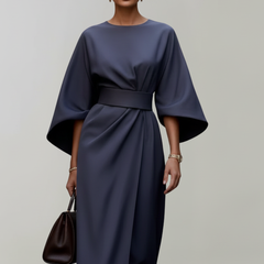 Women's Cocktail Dress | Midi Length Round Neckline Wide Sleeves Belted