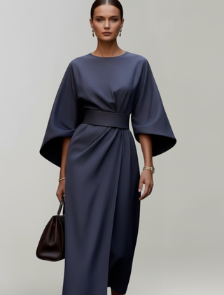 Women's Cocktail Dress | Midi Length Round Neckline Wide Sleeves Belted