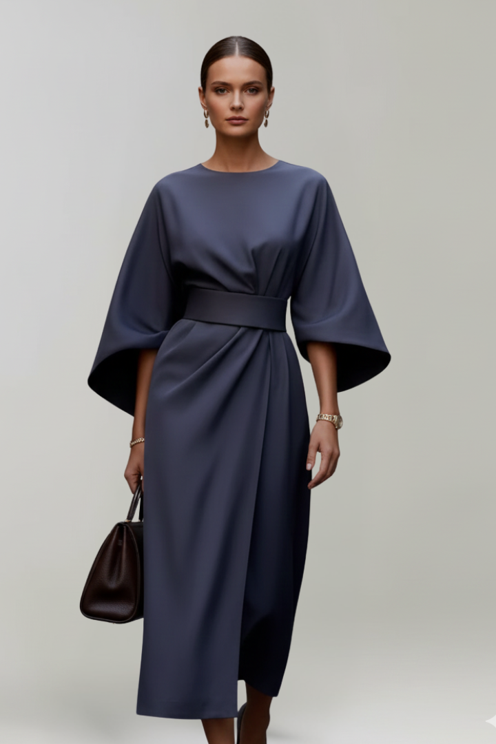Women's Midi Dress | Belted Waist Wide Sleeves Round Neckline