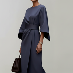 Women's Cocktail Dress | Midi Length Round Neckline Wide Sleeves Belted