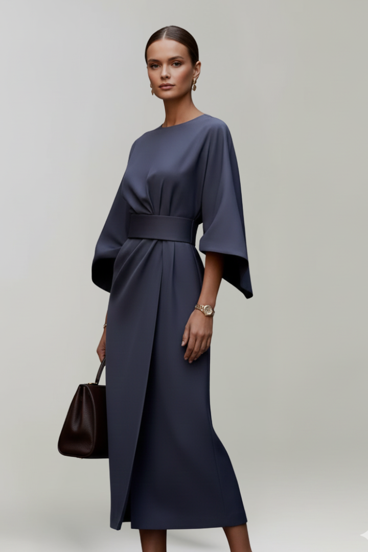 Women's Cocktail Dress | Midi Length Round Neckline Wide Sleeves Belted