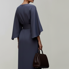 Women's Cocktail Dress | Midi Length Round Neckline Wide Sleeves Belted