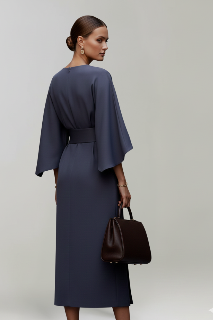 Women's Cocktail Dress | Midi Length Round Neckline Wide Sleeves Belted