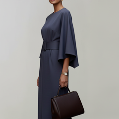 Women's Cocktail Dress | Midi Length Round Neckline Wide Sleeves Belted
