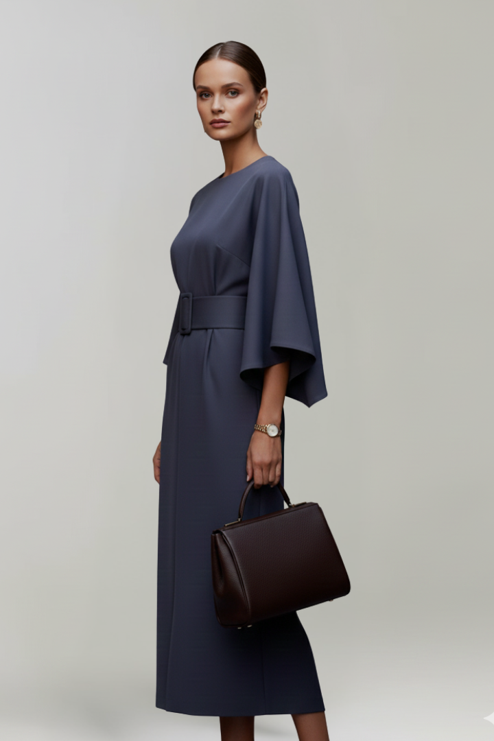 Women's Cocktail Dress | Midi Length Round Neckline Wide Sleeves Belted