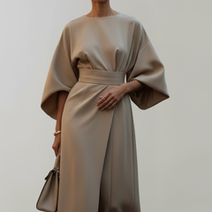 Women's Cocktail Dress | Midi Length Round Neckline Wide Sleeves Belted