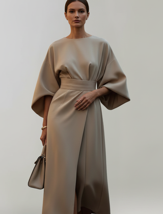 Women's Cocktail Dress | Midi Length Round Neckline Wide Sleeves Belted