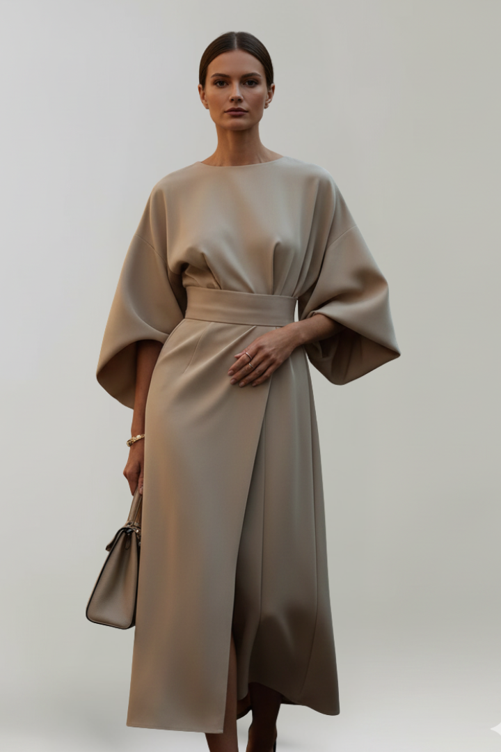 Women's Cocktail Dress | Midi Length Round Neckline Wide Sleeves Belted