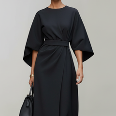 Women's Cocktail Dress | Midi Length Round Neckline Wide Sleeves Belted